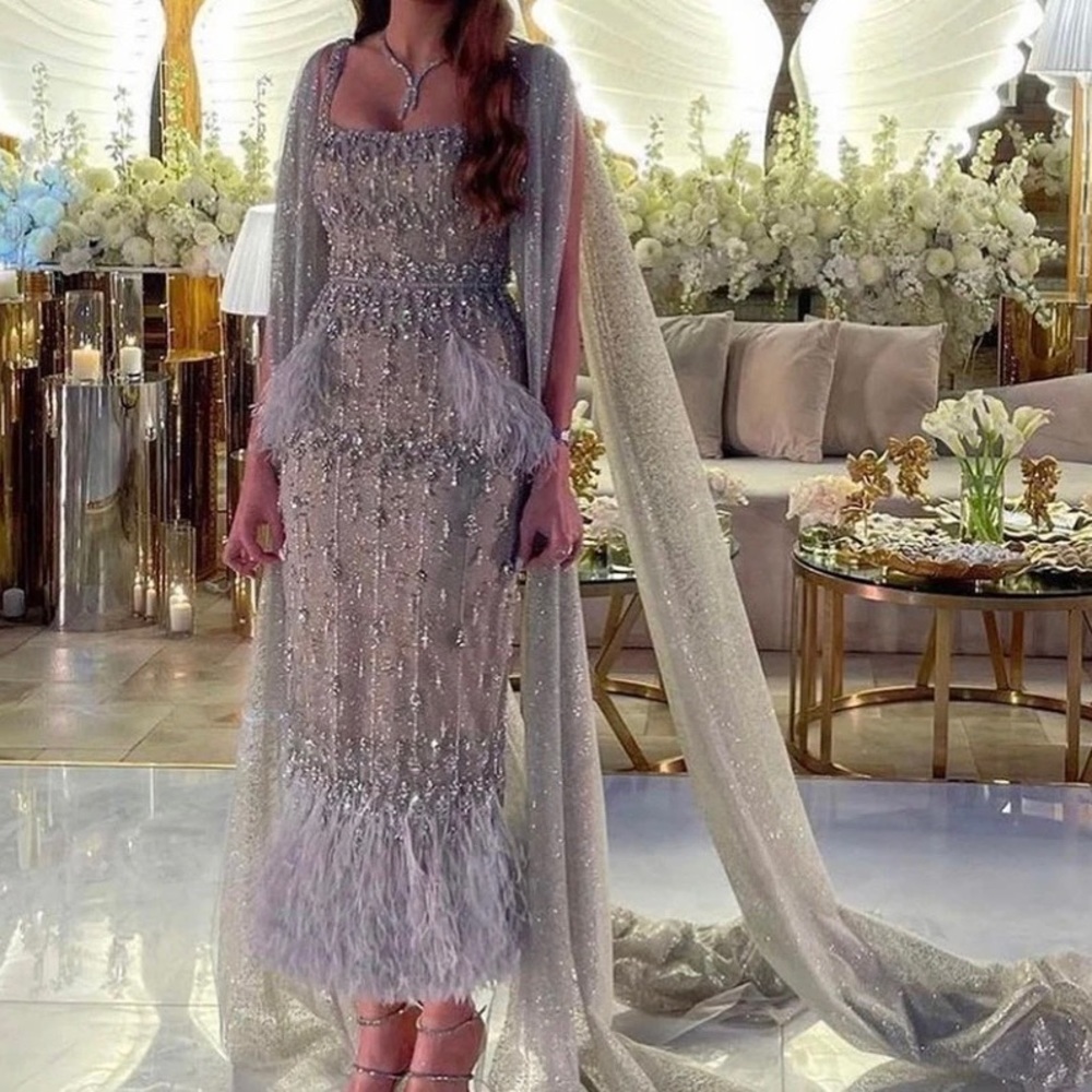 Feather Beaded Grey Cape Gown Silver (Sz M)